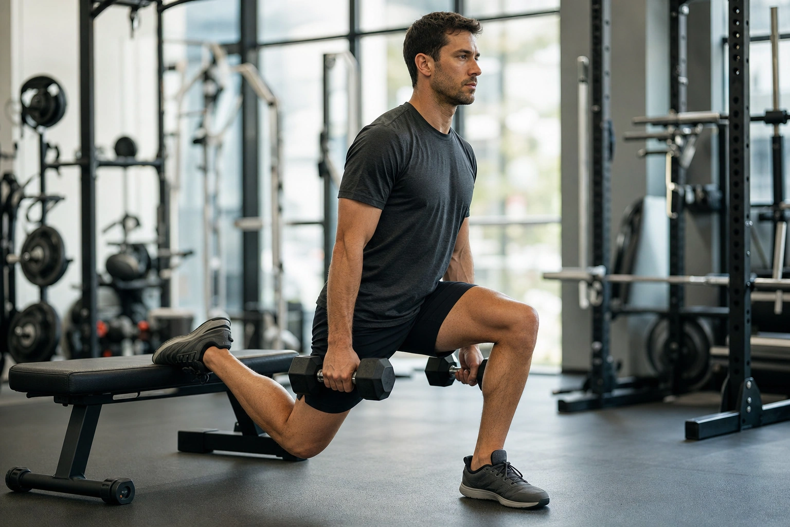 Triatleta haciendo una sentadilla búlgara en el gimnasio
